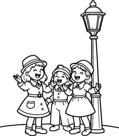 Three laughing children in hats and coats sing together beside an old-fashioned street lamp.