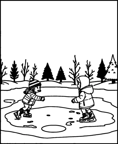 Two children in winter coats and skates glide toward each other on a frozen pond with trees behind.