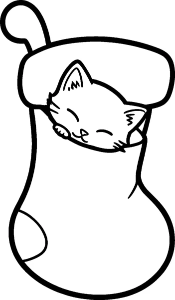A sleepy kitten with closed eyes peeks out of the top of a large hanging Christmas stocking with a loop.