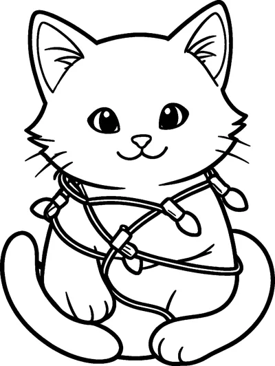 A fluffy kitten with big eyes sits tangled in a string of Christmas lights looped around its body.