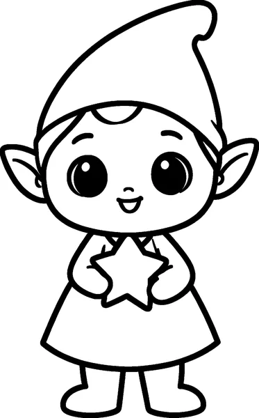 A small elf with pointy ears, big eyes and a tall pointed hat holds a star in both hands.