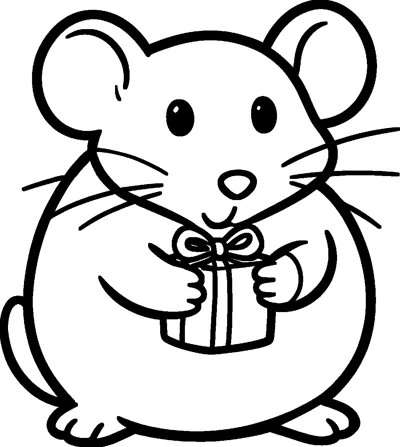 A round little mouse with big ears and whiskers, sitting up and holding a tiny wrapped present with a bow.