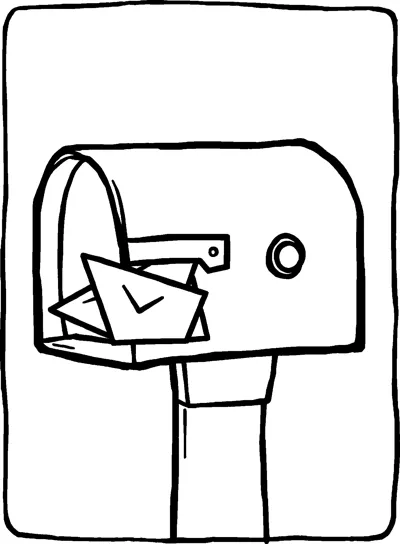 A round-topped mailbox on a post with its door open and envelopes sticking out.