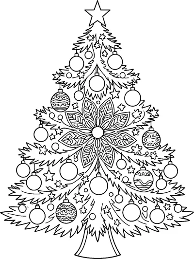 A Christmas tree with a big mandala flower in its centre, round baubles, scattered stars and a star on top.