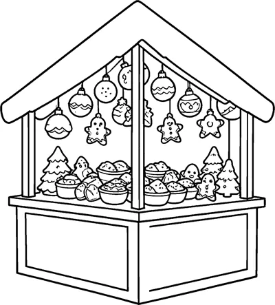 A wooden market stall with hanging baubles, gingerbread figures and bowls of festive treats on its counter.