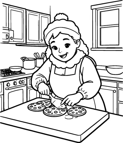 Mrs Claus in a bobble hat and apron smiles as she lifts cookies off a board in a kitchen with an oven and cupboards.
