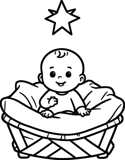 A smiling baby sits in a cosy manger lined with soft blankets, with a single star shining above.