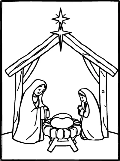 Two kneeling robed figures pray beside a manger with a swaddled baby inside a wooden stable under a star.