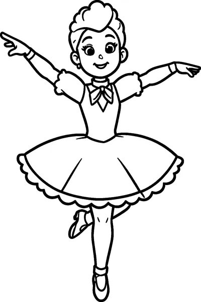 A smiling ballerina with a hair bun balances on one pointed toe in a frilly tutu with her arms stretched wide.