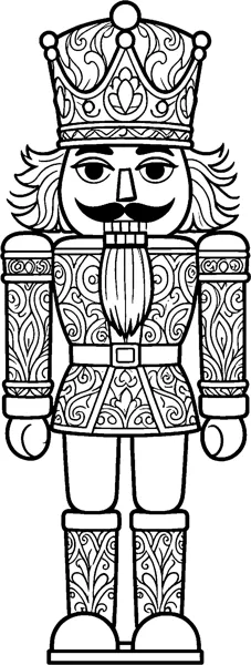 A standing wooden nutcracker with a crown, a big moustache, a long beard and a swirl-patterned uniform.