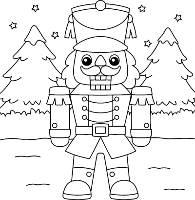 A nutcracker soldier in a tall hat and buttoned uniform stands between pine trees under the words Merry Christmas.