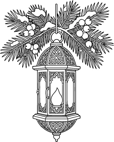 An ornate lantern with a candle flame inside, hanging from snowy pine branches decorated with clusters of round berries.