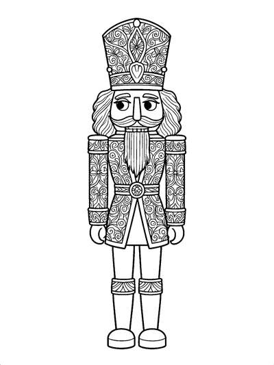 A tall nutcracker soldier in a swirl-patterned tall hat, coat and boots, standing straight with a curly moustache.