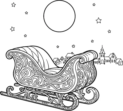 An ornate swirl-patterned sleigh flying across a starry sky past a round moon above a tiny town.