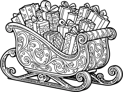 A curved sleigh decorated with swirls, piled high with wrapped presents and resting on curling runners.
