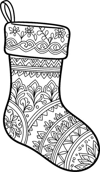 A hanging Christmas stocking covered in bands of flowers, zigzags and leaves with a decorated cuff.