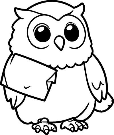 A wide-eyed fluffy owl stands on two clawed feet holding a large sealed envelope against its chest with one wing.