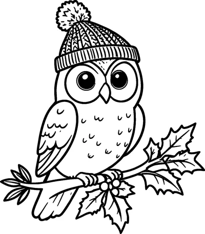 A round-eyed owl in a knitted bobble hat perches on a branch decorated with spiky holly leaves and berries.
