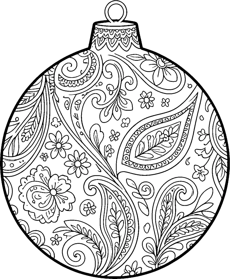 A round Christmas bauble with a hanging loop, filled with paisley shapes, swirls, leaves and small flowers.