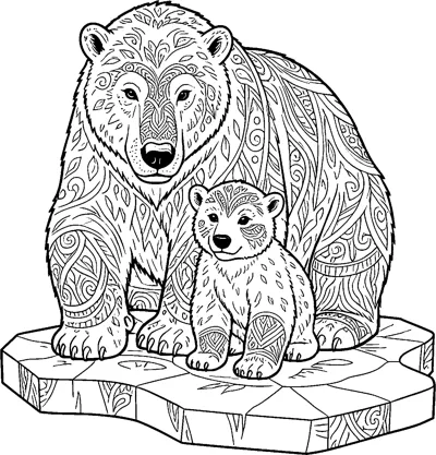 A polar bear mother and her cub stand together on a block of ice, their fur filled with swirls and leaf shapes.
