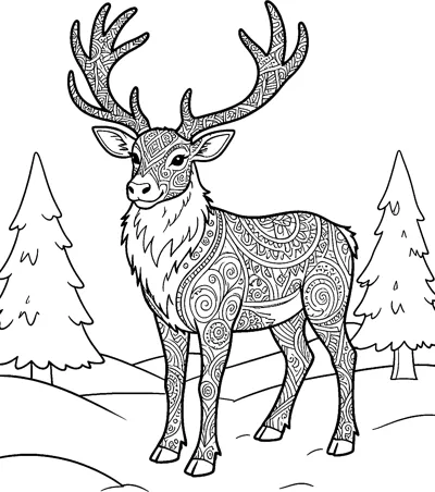 A reindeer with swirl-patterned fur and antlers standing in the snow between tall fir trees.