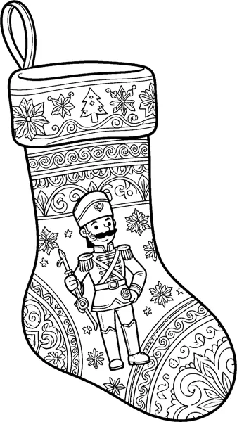 A large Christmas stocking covered in swirls and snowflakes shows a toy soldier with a tall hat.