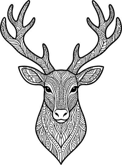 A front-facing reindeer head with large branching antlers, every part filled with zentangle swirls, leaves, stripes and dots.