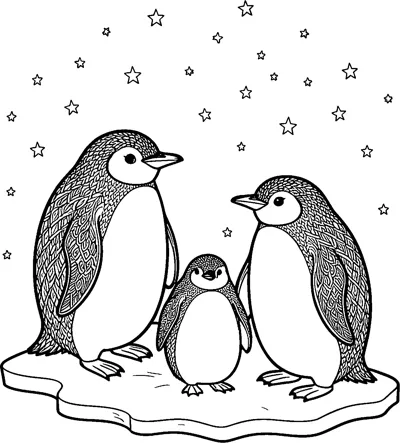 Two patterned adult penguins and a chick standing on a floating ice floe beneath a sky of small stars.