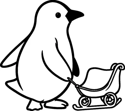A plump penguin waddles along while tugging a tiny curly-runnered sleigh behind it on a short rope.