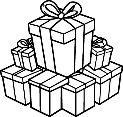 A stack of wrapped gift boxes with a large bow on the top present and smaller bows on the others.