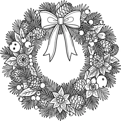 A round pine wreath filled with pinecones, berries and flowers has a large ribbon bow at the top.