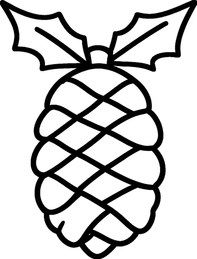 A plump pinecone covered in rows of rounded scales, with two spiky holly leaves fanning out from its top.