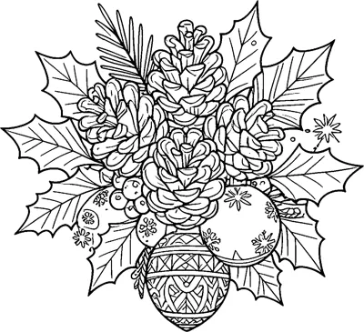 A cluster of pinecones and holly leaves with berries and two decorated baubles at the bottom.