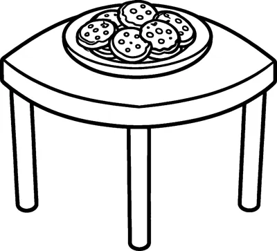 A round plate piled with six decorated cookies sits in the middle of a simple wooden table with four legs.