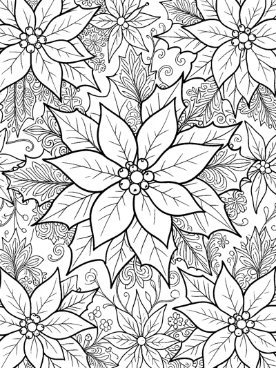 Large poinsettia flowers with berry centres fill the page among holly leaves and swirling patterns.