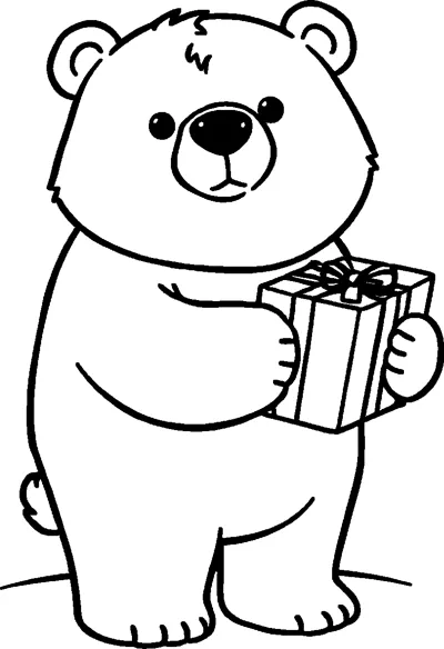 A chubby polar bear cub stands on snowy ground holding a small wrapped present with a bow.