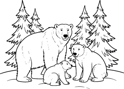A mother polar bear standing with two cubs in the snow in front of tall snow-covered pine trees.