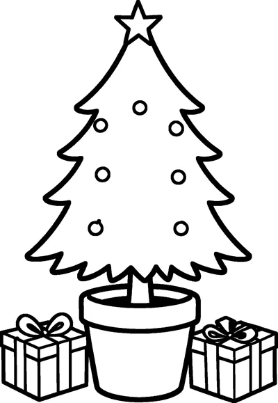 A simple Christmas tree with a star and round baubles stands in a flowerpot between two wrapped presents.