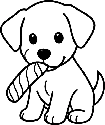 A floppy-eared puppy sits with a striped candy cane held sideways in its mouth and its tail curled up.