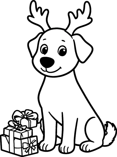 A smiling puppy with floppy ears and reindeer antlers sits beside a stack of wrapped presents tied with bows.