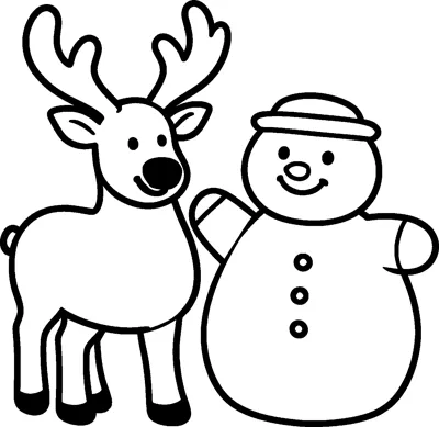 A reindeer with a round nose stands beside a smiling snowman in a hat, who reaches out a stick arm to his friend.