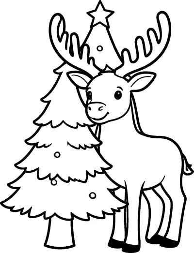 A smiling reindeer stands beside a tall Christmas tree with a star on top, its antlers reaching up past the branches.