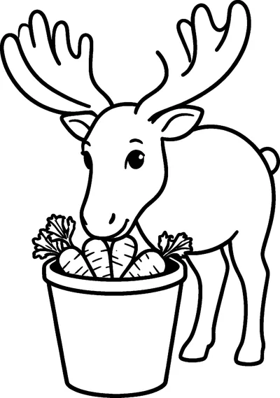 A reindeer with large antlers lowers its head to munch from a bucket overflowing with leafy carrots.