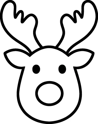 A simple reindeer face looking straight ahead, with two big branching antlers, round ears, dot eyes and a large round nose.