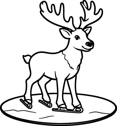 A smiling reindeer with tall antlers glides across a round frozen pond wearing an ice skate on each hoof.
