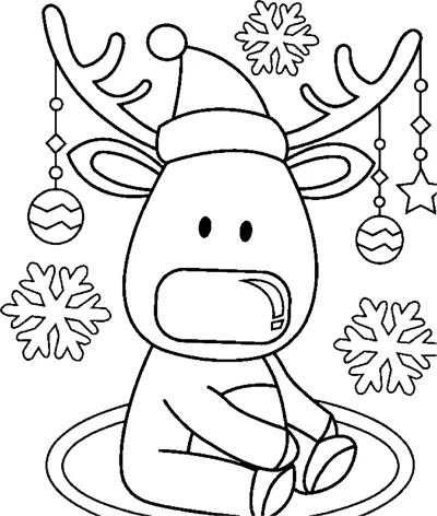 A sitting reindeer wears a Santa hat with baubles hanging from its antlers, under the words Merry Christmas.