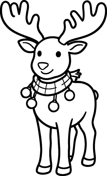 A smiling reindeer with big antlers stands facing forward, wearing a knitted scarf with four round jingle bells hanging from it.