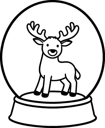 A smiling reindeer with branching antlers standing inside a round snow globe on a simple base.