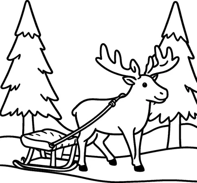 A reindeer with large antlers pulling an empty wooden sled across snowy ground between tall pine trees.