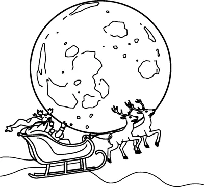 Two reindeer pulling Santa's sleigh through the sky in front of a huge cratered full moon.